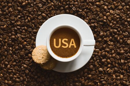 Still life photography of hot coffee beverage with text USAの写真素材