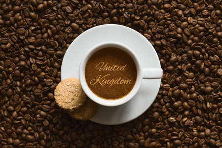 Still life photography of hot coffee beverage with text United Kingdomの写真素材