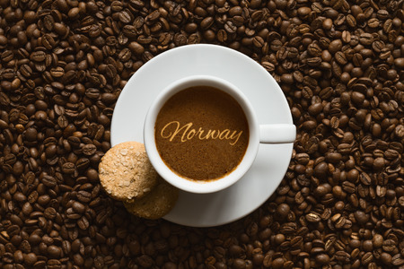Still life photography of hot coffee beverage with text Norwayの写真素材