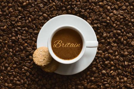 Still life photography of hot coffee beverage wtih text Britainの写真素材