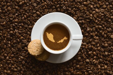 Still life photography of hot coffee beverage with map of Malaysiaの写真素材