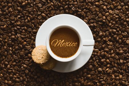 Still life photography of hot coffee beverage with text Mexicoの写真素材