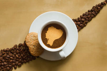 Still life photography of hot coffee beverage with map of Ecuadorの写真素材