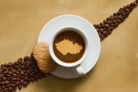 Still life photography of hot coffee beverage with map of Czech Republicの写真素材