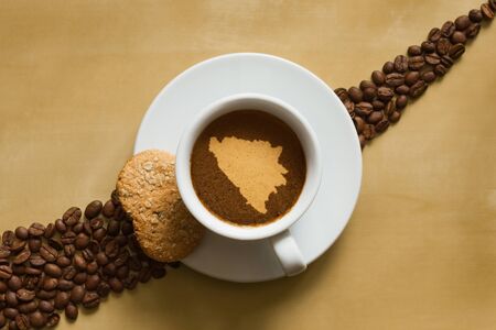 Still life photography of hot coffee beverage with map of  Bosnia and Herzegovinaの写真素材