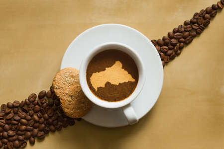 Still life photography of hot coffee beverage with map of Central African Republicの写真素材