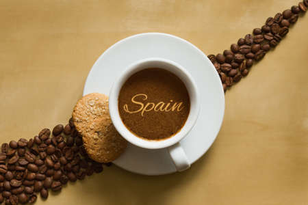 Still life photography of hot coffee beverage with text Spainの写真素材