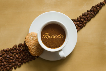 Still life photography of hot coffee beverage with text Rwandaの写真素材