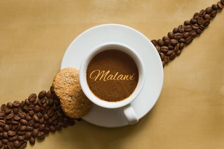Still life photography of hot coffee beverage with text Malawiの写真素材