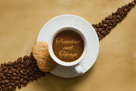 Still life photography of hot coffee beverage with text Trinidad and Tobagoの写真素材