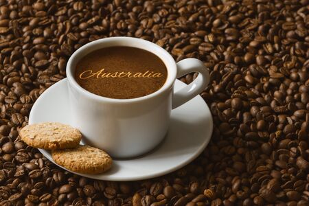 Still life photography of hot coffee beverage with text Australiaの写真素材