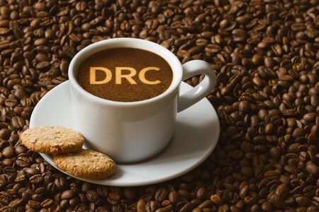 Still life photography of hot coffee beverage with text DRC (Democratic Republic of the Congo)の写真素材