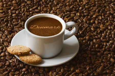 Still life photography of hot coffee beverage with text Denmarkの写真素材