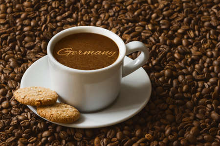Still life photography of hot coffee beverage with text Germanyの写真素材