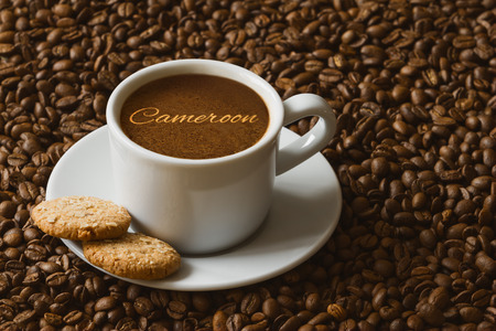 Still life photography of hot coffee beverage with text Cameroonの写真素材
