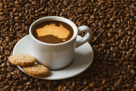 Still life photography of hot coffee beverage with map of Australiaの写真素材