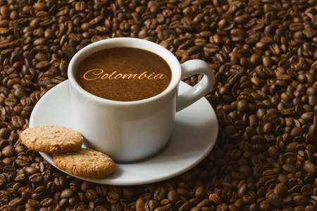 Still life photography of hot coffee beverage with text Colombiaの写真素材