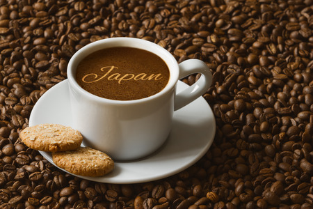 Still life photography of hot coffee beverage with text Japanの写真素材