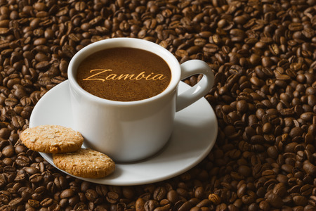 Still life photography of hot coffee beverage with text Zambiaの写真素材