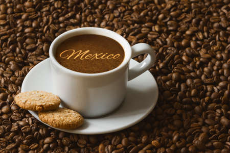 Still life photography of hot coffee beverage with text Mexicoの写真素材