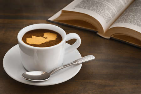 Still life photography of hot coffee beverage with map of Zambiaの写真素材