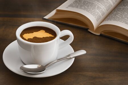 Still life photography of hot coffee beverage with map of Central African Republicの写真素材