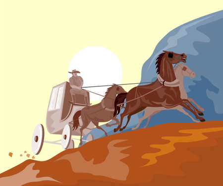 Stagecoach traveling in the mountainsのイラスト素材