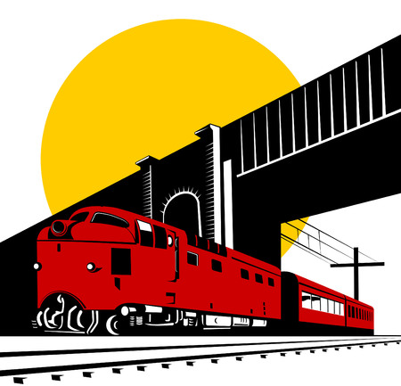 Diesel train passing under bridgeのイラスト素材