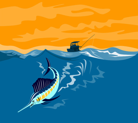 Sailfish diving with boat in backgroundのイラスト素材