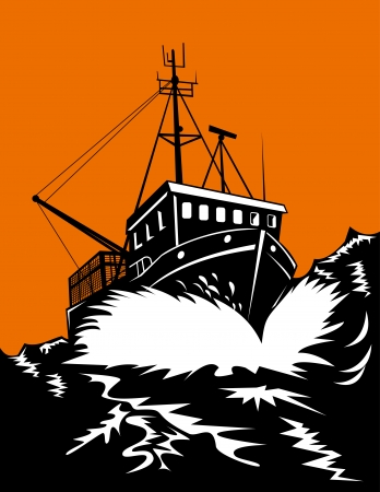 Fishing boat battling huge swellsのイラスト素材