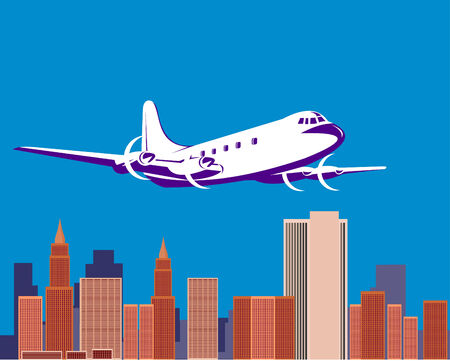 Propeller airplane taking off with buildings のイラスト素材