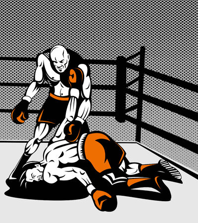 Boxer standing over challenger knocked out on canvasのイラスト素材