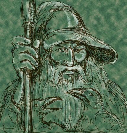 Norse God Odin holding spear with ravensの写真素材