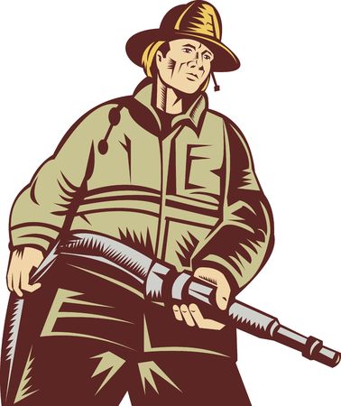 illustration of a Firefighter carrying a hose viewed from a low angle done in woodcut styleの写真素材