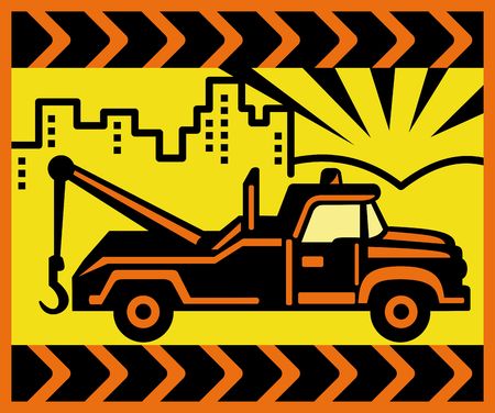 Vintage Tow truck with buildings and mountains の写真素材