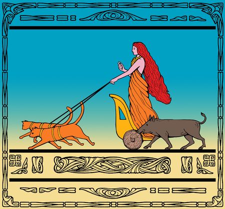 Freya Norse goddess of love and beauty riding a chariot pulled by her two cats and wild boar.の写真素材