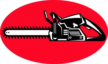 illustration or icon of a chainsaw sideview set inside an oval or ellipseの写真素材