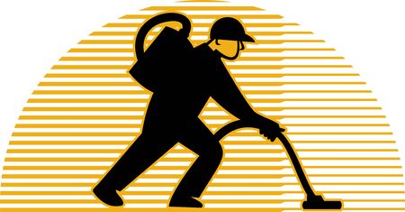  Imagery shows a Male Cleaner working with vacuum from front view set inside an oval. Two (2) colors used in this image.の写真素材