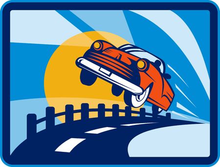 illustration of a vintage convertible car flying off the roadの写真素材