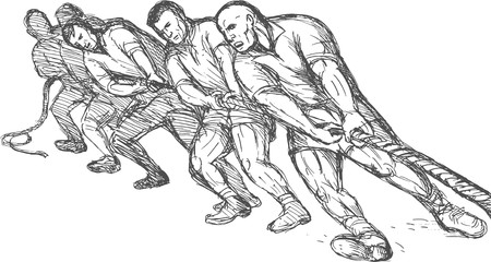 hand drawn illustration of a Team or group of men pulling rope tug of warの写真素材