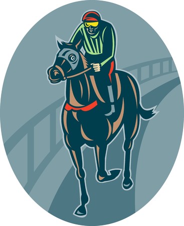 illustration of a Horse and jockey racing  on race track done in retro style.の写真素材