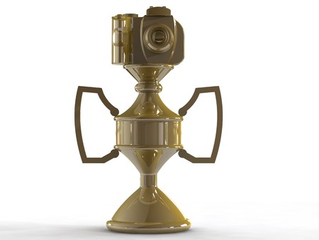 3d render of Gold DSLR camera trophy or cup isolated on white viewed from frontの写真素材
