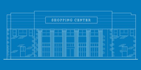 line drawing illustration of a strip mall or shopping center building viewed from front elevation on blue backgroundの写真素材