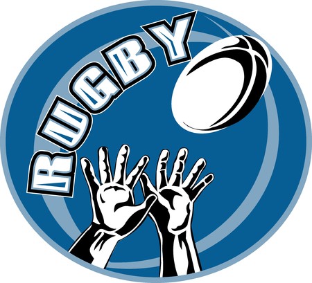 retro illustration style of rugby player two hands catching ball set inside oval with words rugby の写真素材