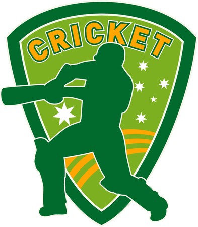 illustration of a cricket sports player batsman silhouette batting set inside shield with stars of australian flag greenand goldの写真素材
