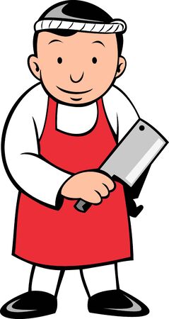  illustration of a cartoon Japanese butcher or fish monger holding meat cleaver about to chop fish isolated on white backgroundの写真素材