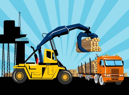 retro style illustration of an articulated logging truck being loaded logs by a forklift truck or hoist crane with building and lumberyard in background done in retro styleの写真素材