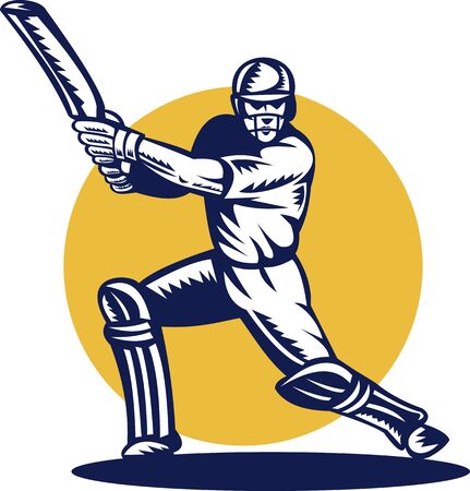 retor style illustration of a cricket sports batsman batting front view done in retro styleの写真素材