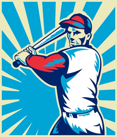 illustration of a Baseball player holding bat with sunburst in background set inside circle done in retro woodcut style.の写真素材