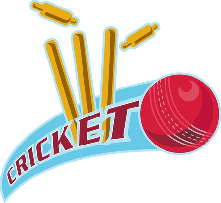 illustration of a cricket ball hitting bowling over wicket with words cricket の写真素材